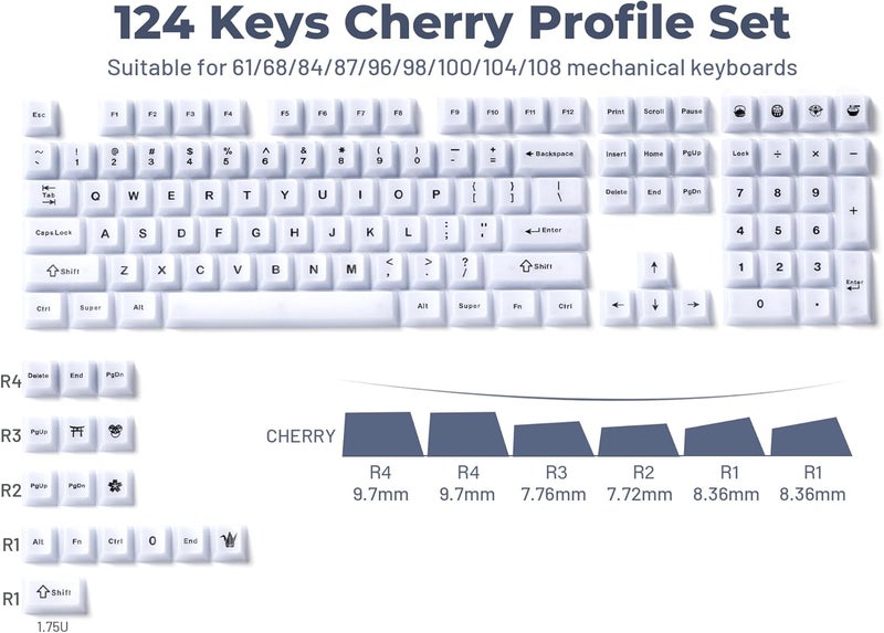 HITIME أغطية مفاتيح XVX بيضاء، أغطية جلي م透明ة 60 65 75 100 بالمئة، مجموعة أغطية مفاتيح مخصصة شفافة لطيفة 124 مفتاح لأجهزة الكمبيوتر الميكانيكية للألعاب (بروفايل شيري) - Image 3